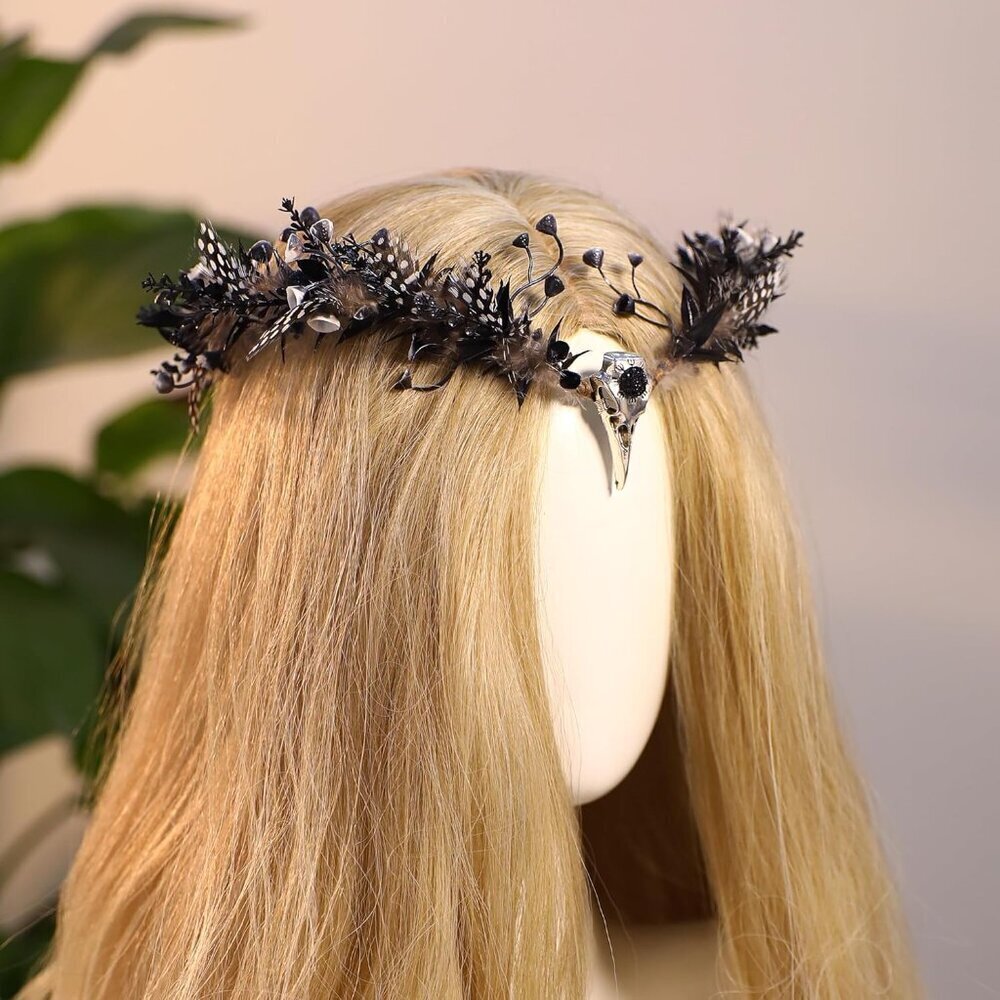 Black Feather Elf Crown Gothic Fairy Tiara for Women Girls Mardi Gras Cosplay - Picture 5 of 9